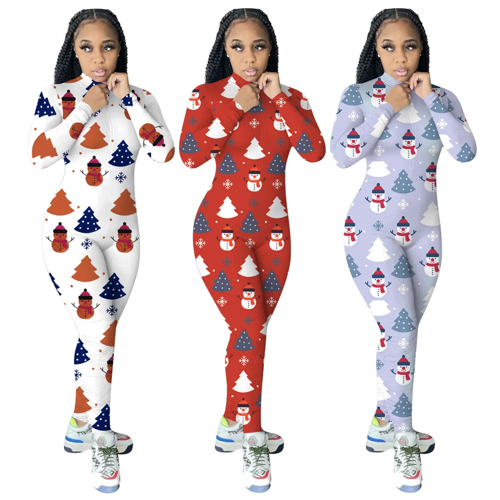 

2021 New Winter Long Sleeve Christmas Bodysuits For Women Print Snowman One Piece Christmas Pajamas