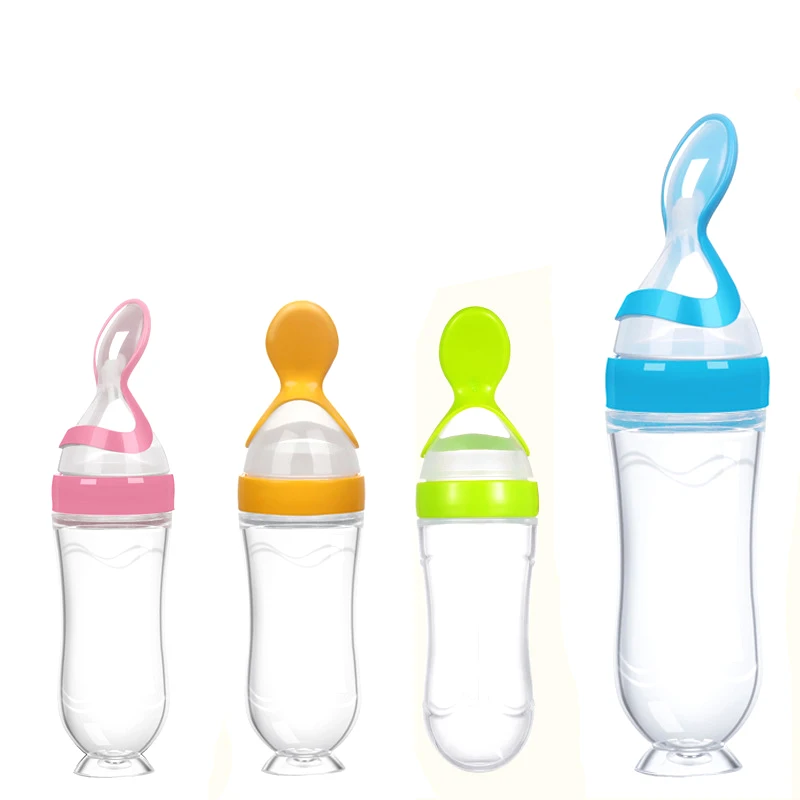 

Amazon hot sale baby silicone baby rice porridge milking spoon baby bottle child food supplement bottle spoon feeder, Blue pink green yellow