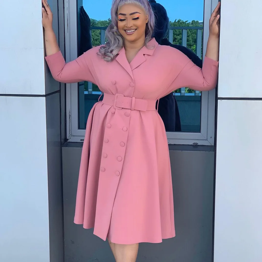 

OL women formal elegant autumn new arrival full sleeves A line dress plus size v neck sexy casual dresses with belt button fly, Picture color