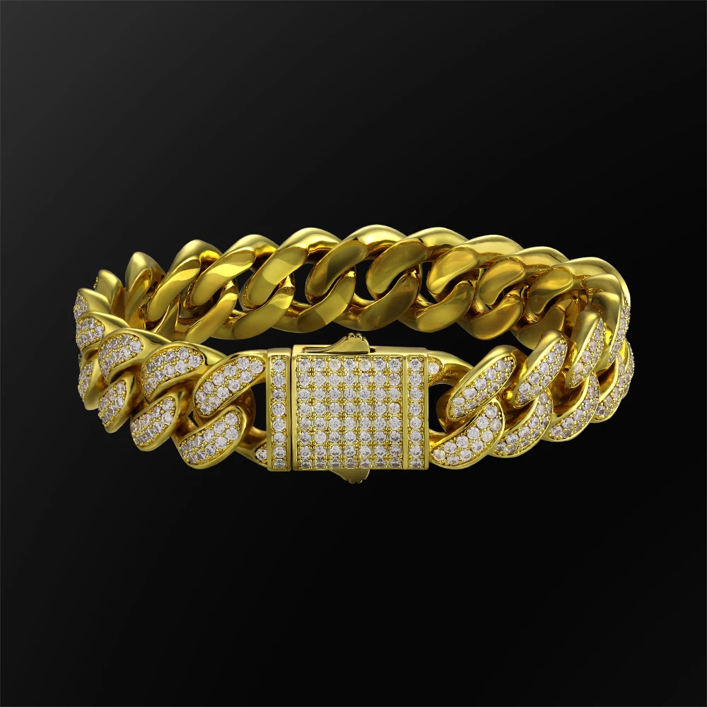

KRKC Wholesale Hip Hop Jewelry 8mm 12mm 15mm 18mm 20mm 14k Gold CZ Diamond Iced Out Cuban Link Bracelet Mens Chains