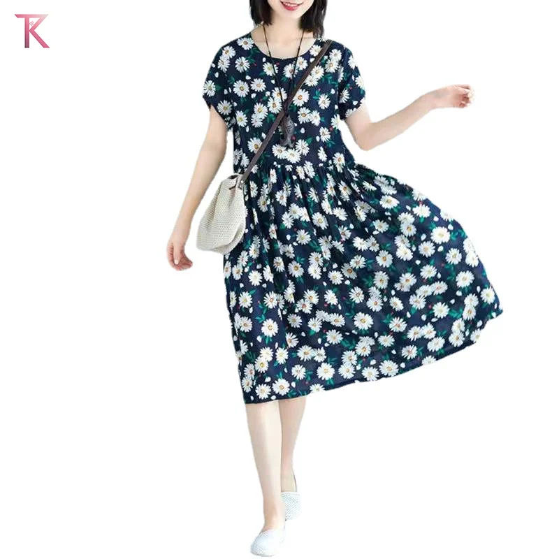 

2022 New Summer Loose Slimming Mom Retro Plus-size Women's Dress Full Skirt