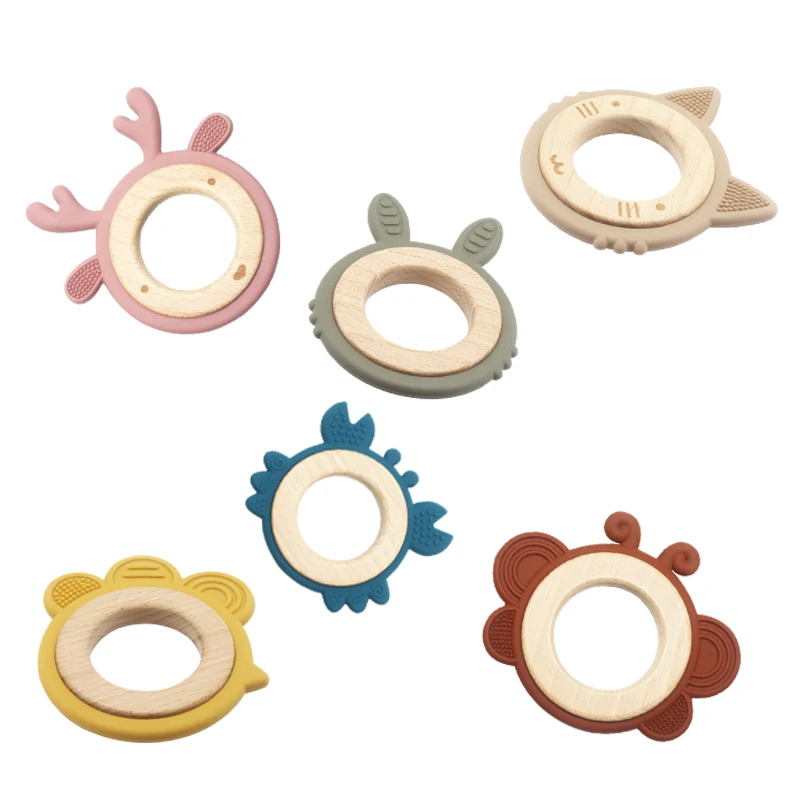 

Beach wooden teether infant Cat biting ring sensory good quality BPA free silicone wooden teethers baby toy