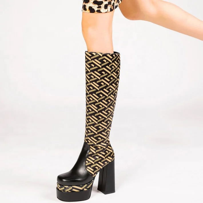 

Winter Chunky High Heel Platform Fashionable Boots Round Toe Side Zipper Leather Plaid Thick Heel Comfortable Warm Women Boots