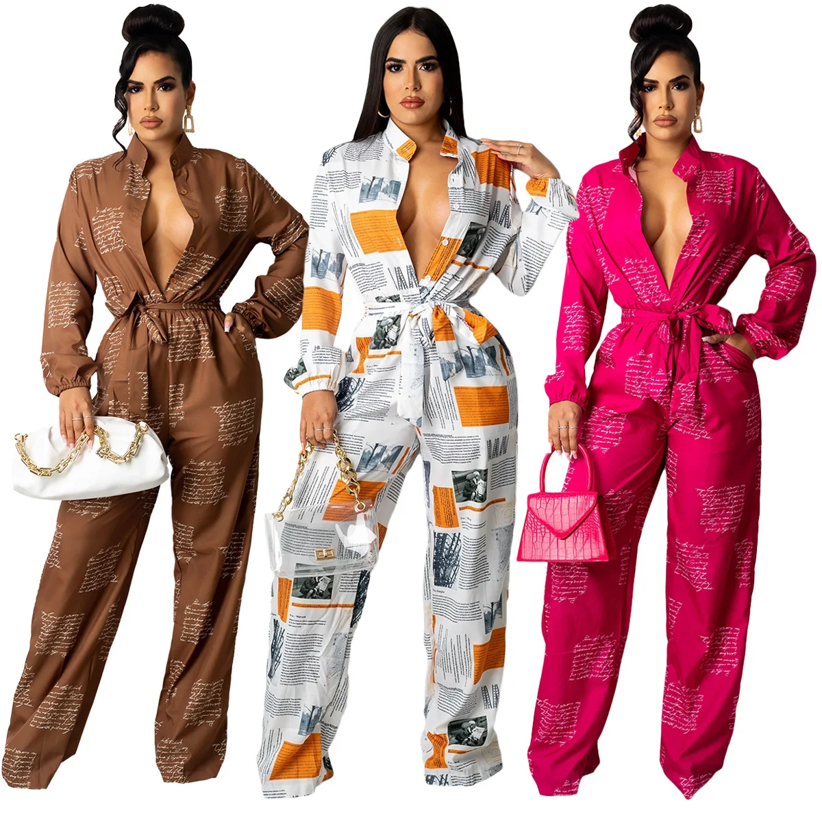 

10811-MX69 Letters Print Loose Pockets Waist Ribbon Fall Womens Jumpsuits