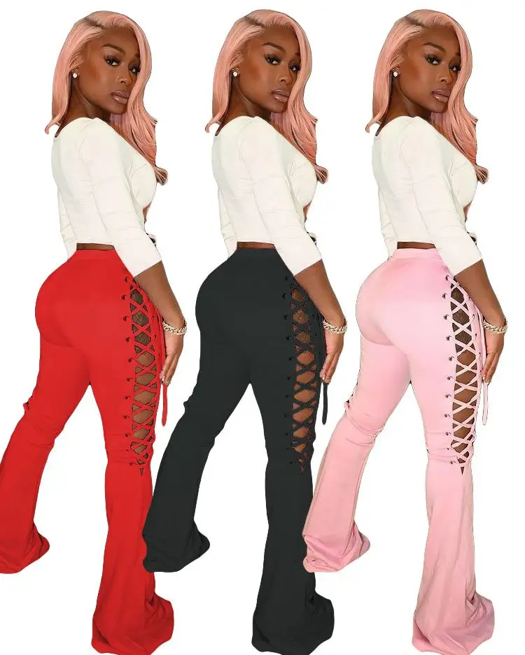 

M7415 2021 Fashion women's high waist wide leg stack trousers sweatpants wholesale ladies lace up flare bandage pants