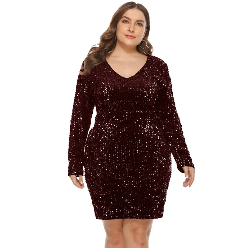 

evening dresses with sequined nightclub sexy sequins V-neck long-sleeved tight-fitting buttocks plus size women's dress