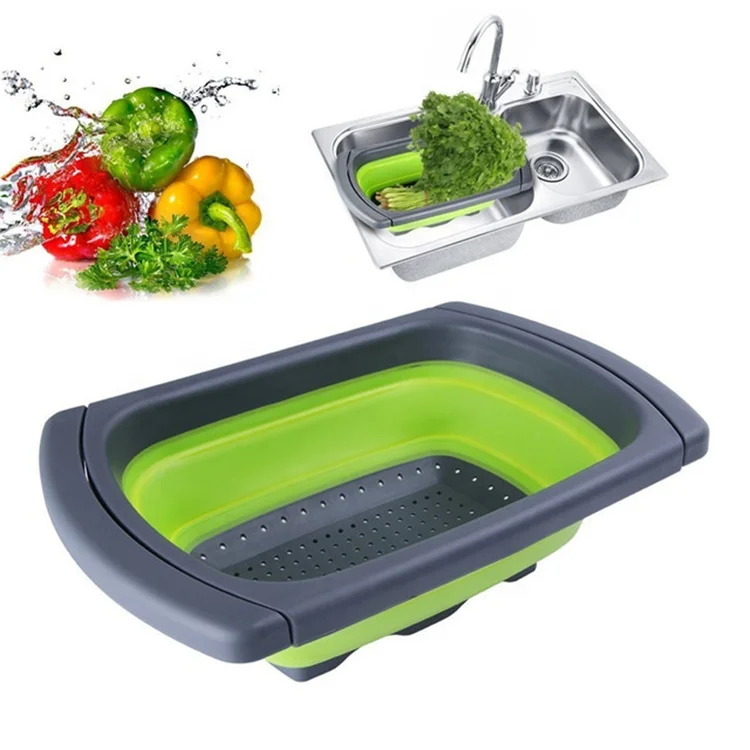 

Multi-Functional Retractable Folding Silicone Fruit Vegetable Filter Basket with Green Grey Color