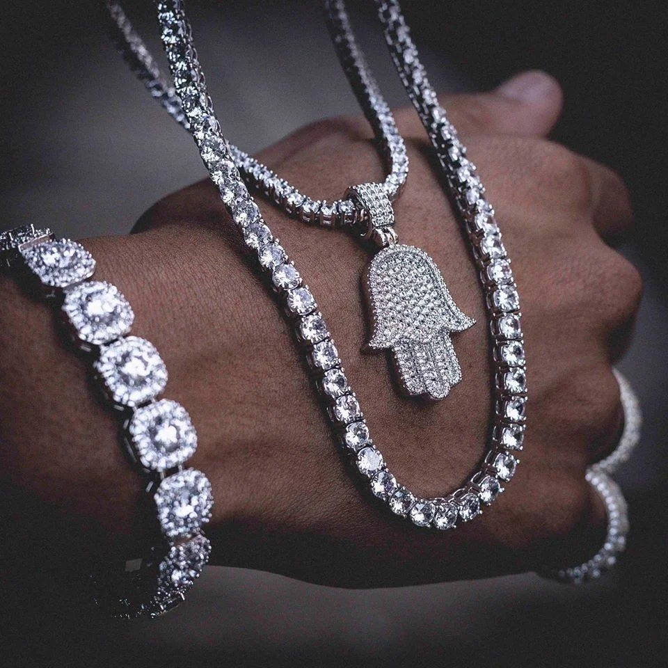 

iced out bling men boy hip hop Rock jewelry 5A cz tennis chain cz hamsa hand pendant necklace, Rose gold