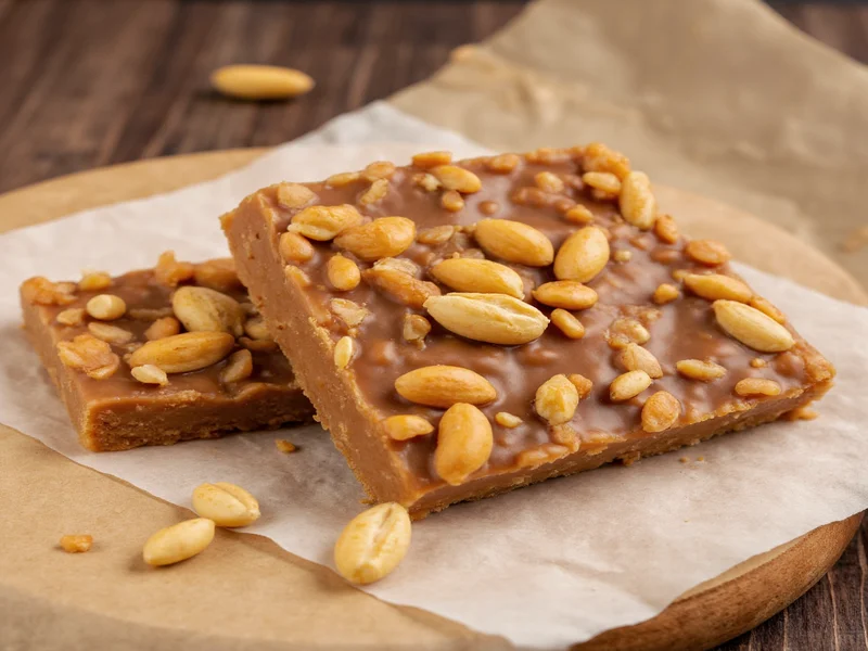 Homemade payday candy bars on parchment paper with peanuts