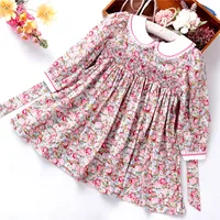 

spring girls dresses smocked floral long sleeve handmade pink wholesale children's clothes boutiques cotton 8915548