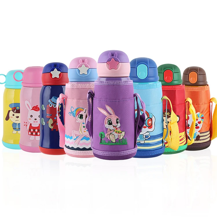 

New BPA Free Baby Drinking 304 Stainless Steel Straw Thermos Cup Portable Rope Vacuum Flask Cartoon Water Bottle, Colorful