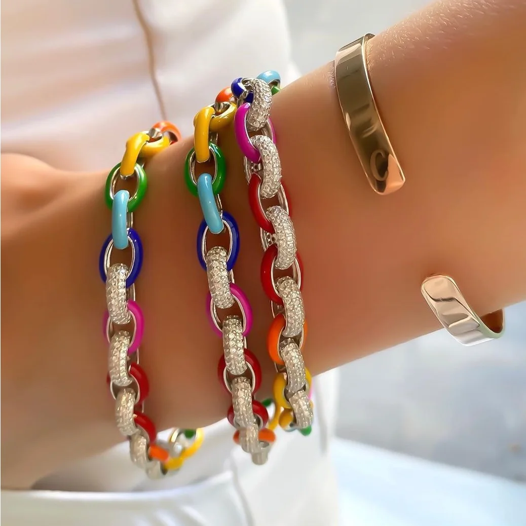 

2021 summer new fashion jewelry micro pave 5A cz rainbow Neon enamel Rolo link chain bracelet