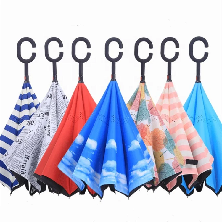 

Wholesale reverse umbrella with C handle custom printed logo inverted umbrella, Red&black or customized