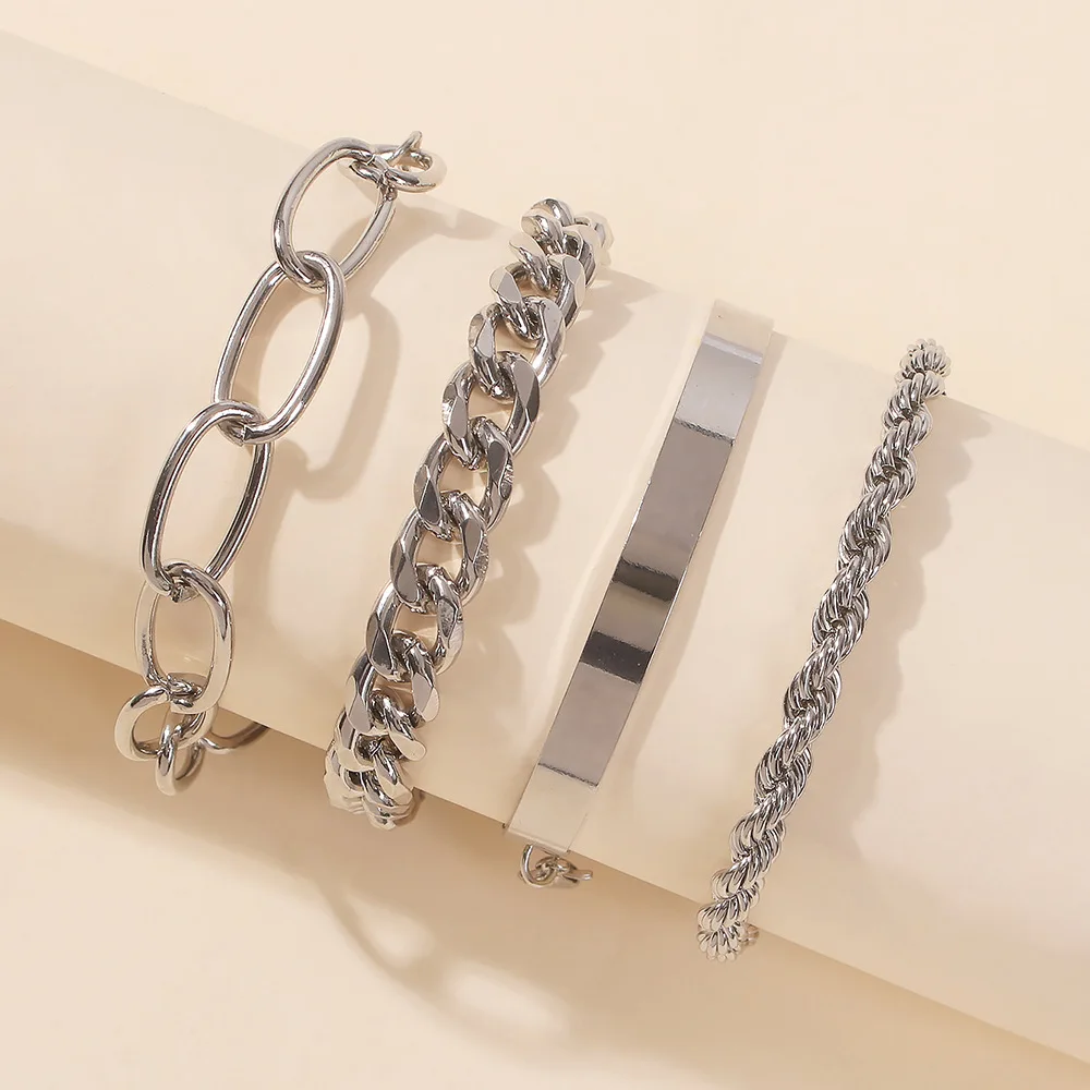 

4 Types Womens Sets Jewelry Cuban Link Silver Chain Bracelets