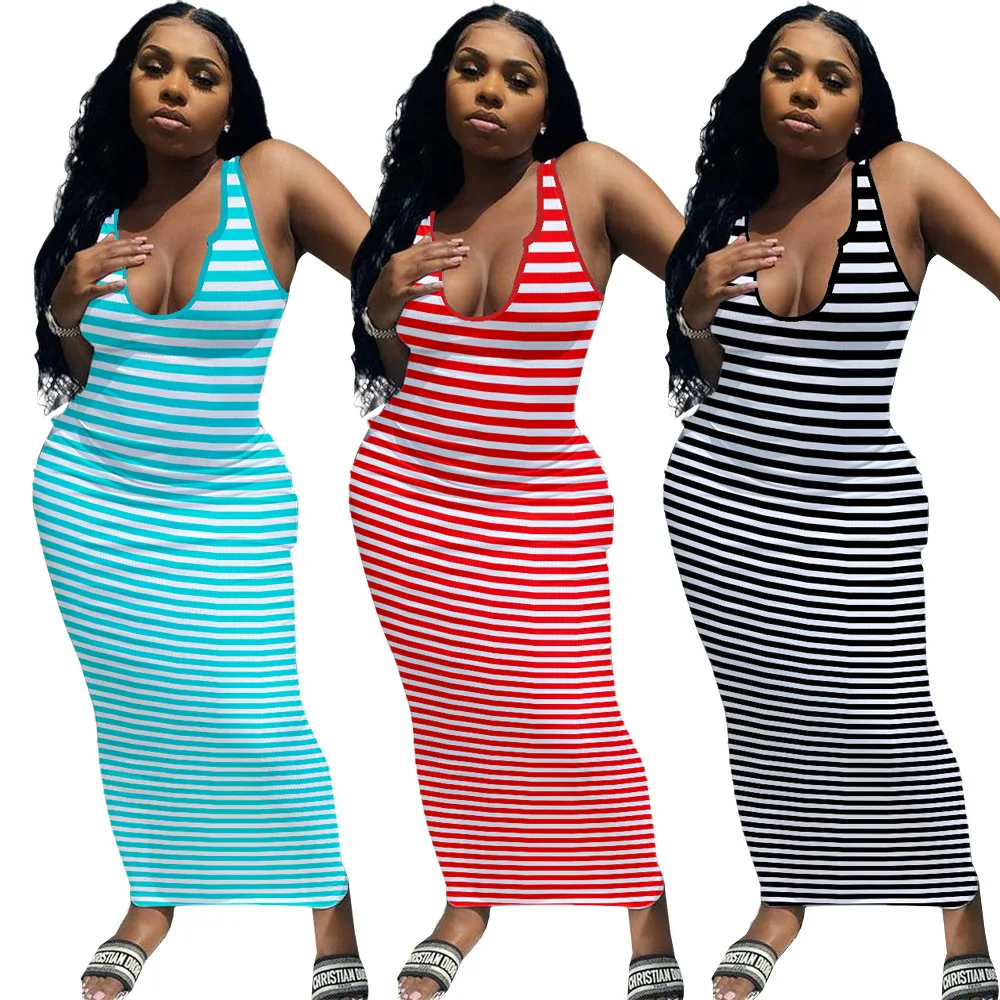 

2021 Wholesale Elbise Striped Sleeveless Bodycon Casual Sexy Women Summer Maxi Sundress, As picture