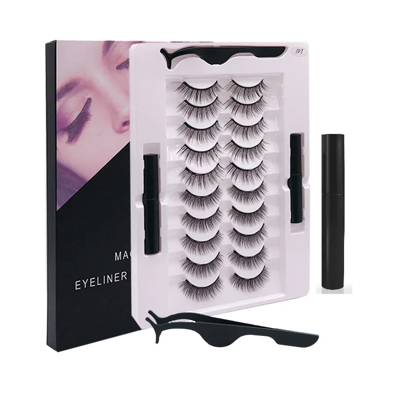 

Ten pairs of magnetic eyeliner liquid false eyelashes natural set glue free magnetic magnet eyelashes natural thick eyelashes, Black