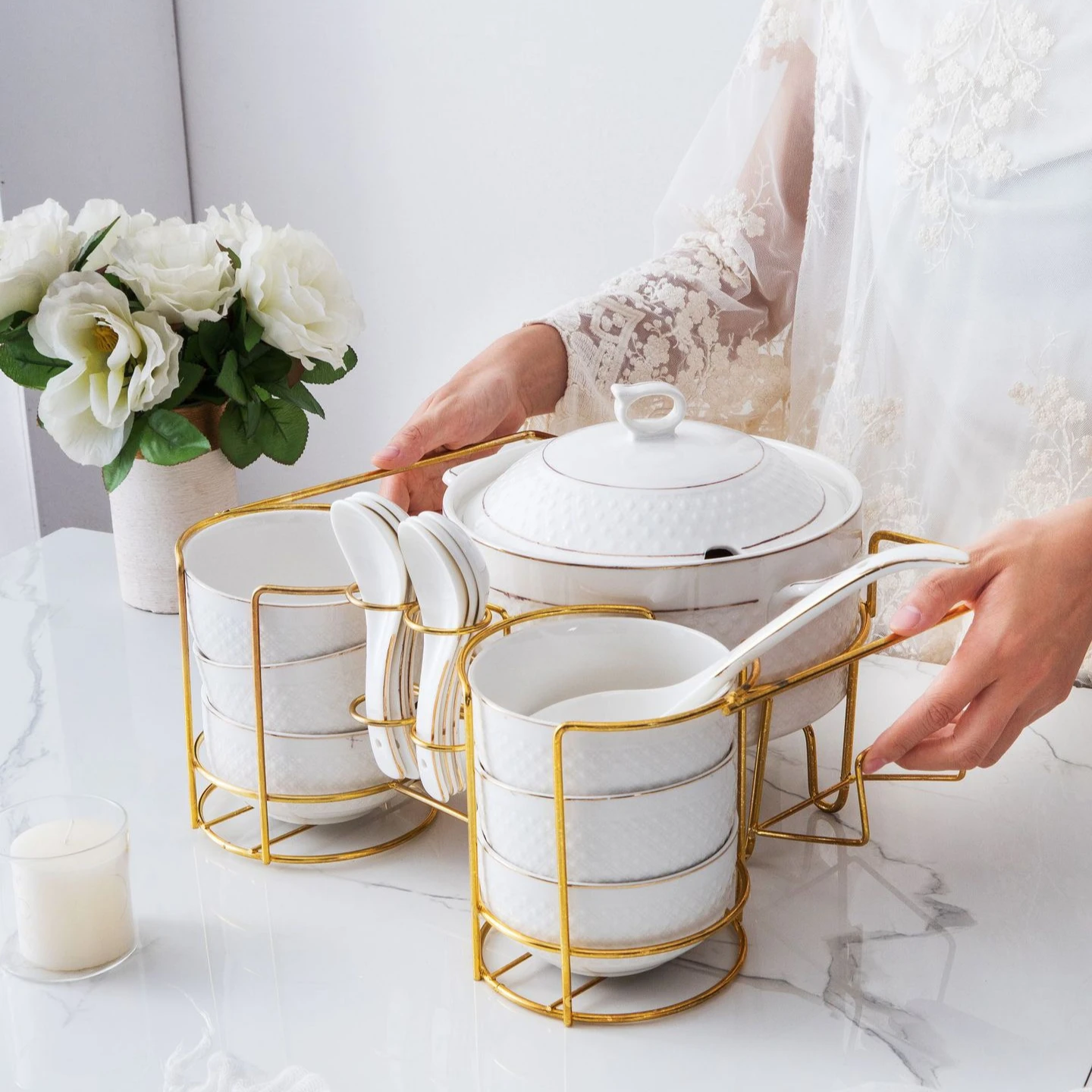 

High Quality Simple White Gift Porcelain Ceramic Pot Bowl Basin Spoon Set