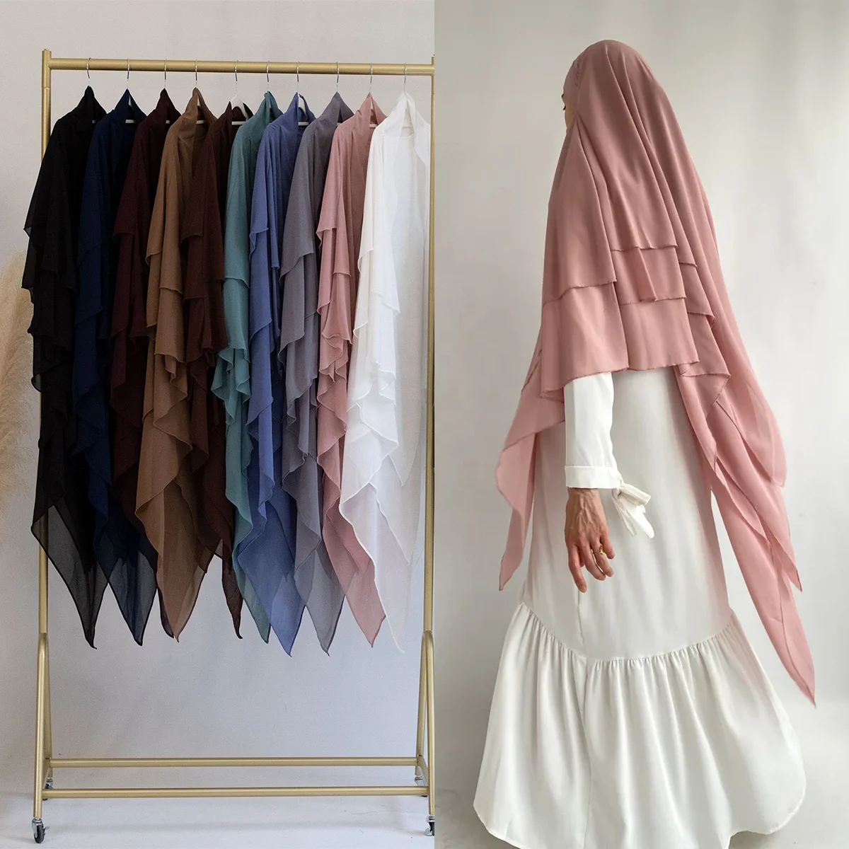 

Wholesale Islamic Turkey Overhead Tie Back Plain Prayer Scarf Muslim Women Hijab Chiffon Voile 3 Layers Long Niqab Jilbab Khimar