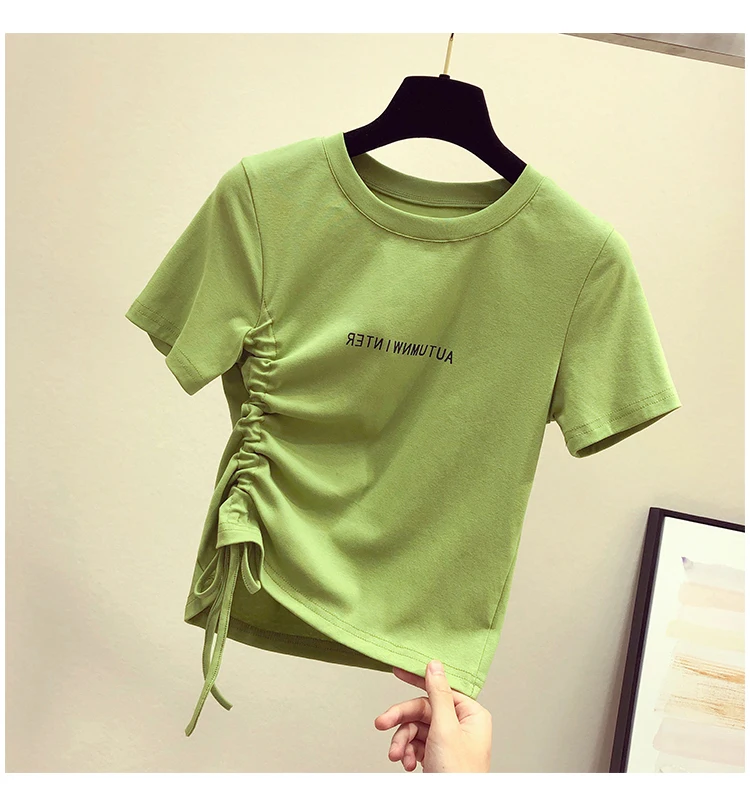 R10058S Women's Letter Print Round Neck Short Sleeves Candy Color Loose Casual T-Shirt