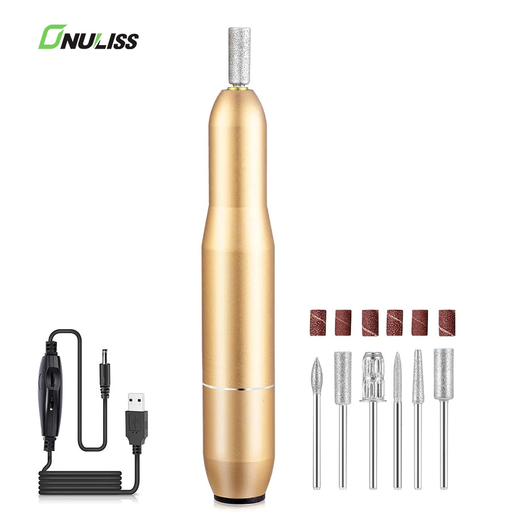 

Portable Professional Rechargeable Steel 5 In 1 Nail Tools Polishing Bits Set Automatic Electric Cordless Nail Drill Machine, Silver gold yellow