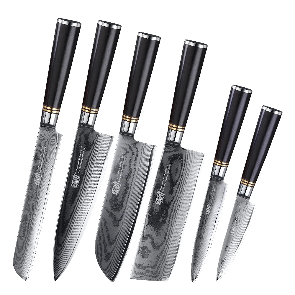 

FINDKING 67 layers 10Cr15CoMoc damascus steel knife high-grade 6 pcs Professional kitchen knives set, Black