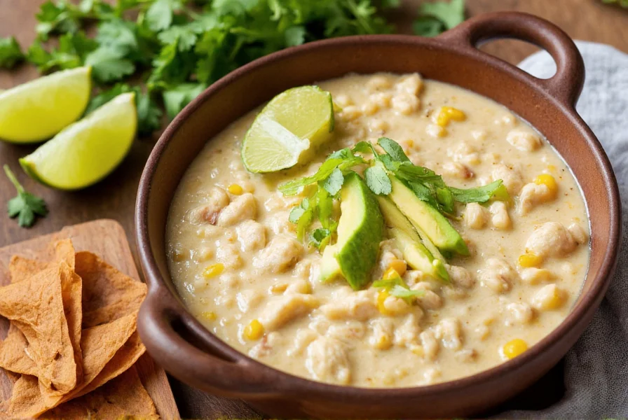Presentation of taste of home white chicken chili in bowl with garnishes including avocado slices, cilantro, and lime wedge on wooden table