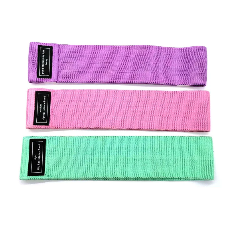 

Wholesale Custom Logo Set of 3 Exercise Hip Bands Set Fabric Booty Resistance Bands Bag Latex Cotton OEM Customized Packing Pcs, Green/pink/purple/customized