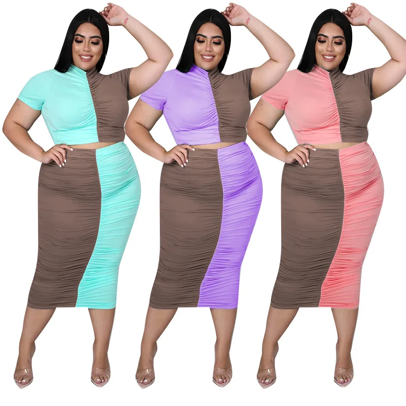 

10510-MX40 two-piece contrast color pleated plus size women's dresses sehe fashion