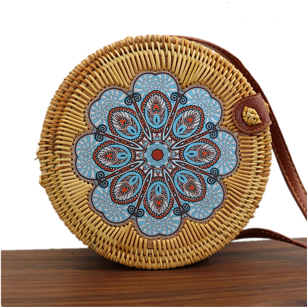 

Fashion Round Vintage Printing Vietnam Indonesia Beach Summer Bali Rattan Shoulder Sling Women Handbags