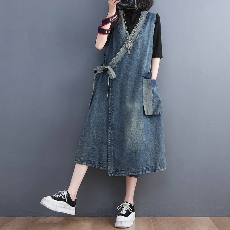 Wholesale 2026 Spring Large Vintage Lace up Casual Loose Reducing Age V-Neck Denim Mid Length Women's Dress