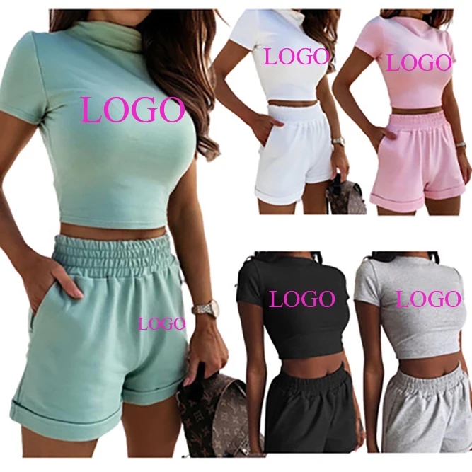 

Customized Jogging Suit Crop Tops T-Shirts Plus Size Activewear Ladies Outfit Mesh Two Piece Pant Short Sets Women Clothing Logo, Picture