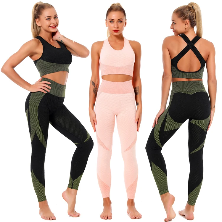 

Dropshipping Athletic Wear High Waist Workout Women Leggings Seamless Yoga sports bra Set, Black,pink