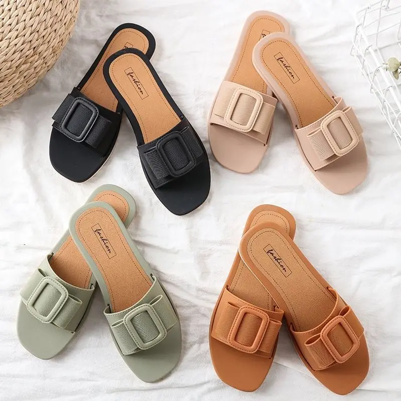 

Square Toe Flat Women Sandals INS Hot flat sandals for women footwear fashionable ladies slippers sandals, Black, khaki, grass green, loess brown