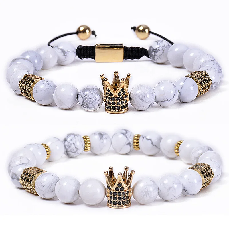 

2021 Hot Selling Charm Jewelry Men's Handmade Adjustable Natural White Turquoise Bead Crown Bracelet Set