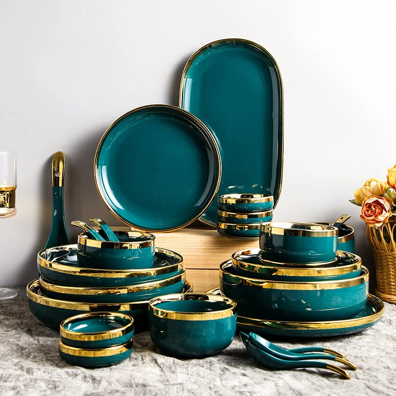 

drop shipping Nordic luxury dishes tableware set household ceramic plate soup bowl combination high-value plate tableware set, Green/light green/black