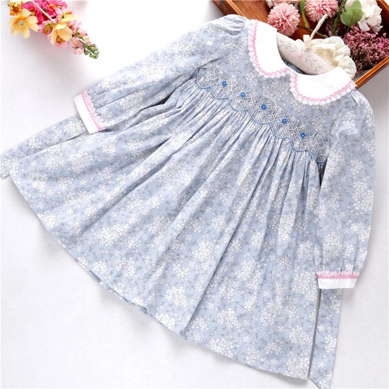 wholesale smocked dresses girl's clothing christmas floral autumn pink flower princess children clothing wholesale boutiques