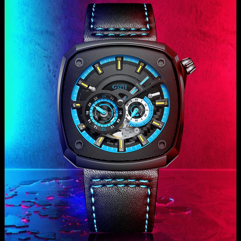 

New Top brand GATTI automatic skeleton Watch sapphire leather wristwatches men chronograph Square watch Luminous mens relojes