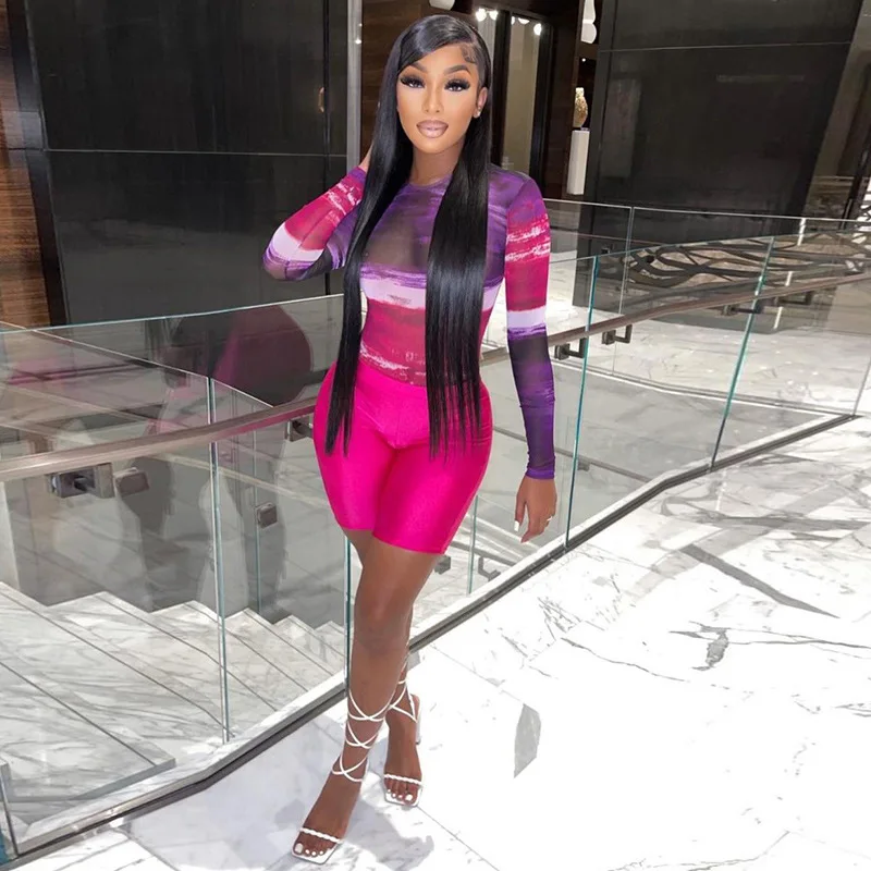 

Autumn New Sexy See Through Pants Mesh 2 Piece Sets Perspective Printing One Piece Shorts Suits
