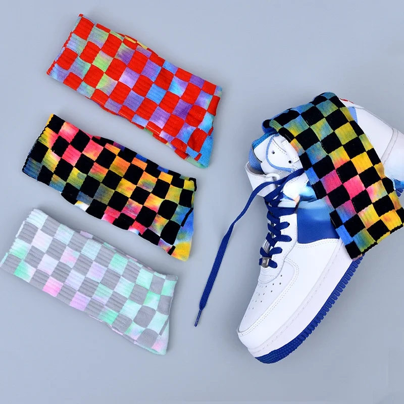 

2021 autumn/winter new hot selling cotton men's socks tie-dye color grid series literary personality tube socks for women