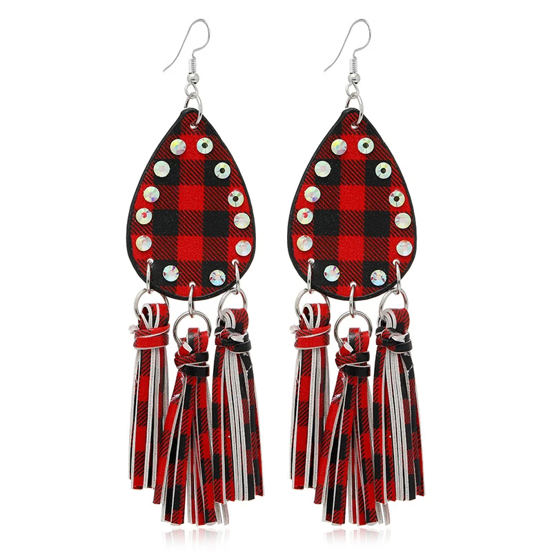 

Vintage Plaid Xmas Gift Leather Tassel Earring Long Aztec Statement Dangle Water Drop Earrings Jewelry for Women Girls, As pictures