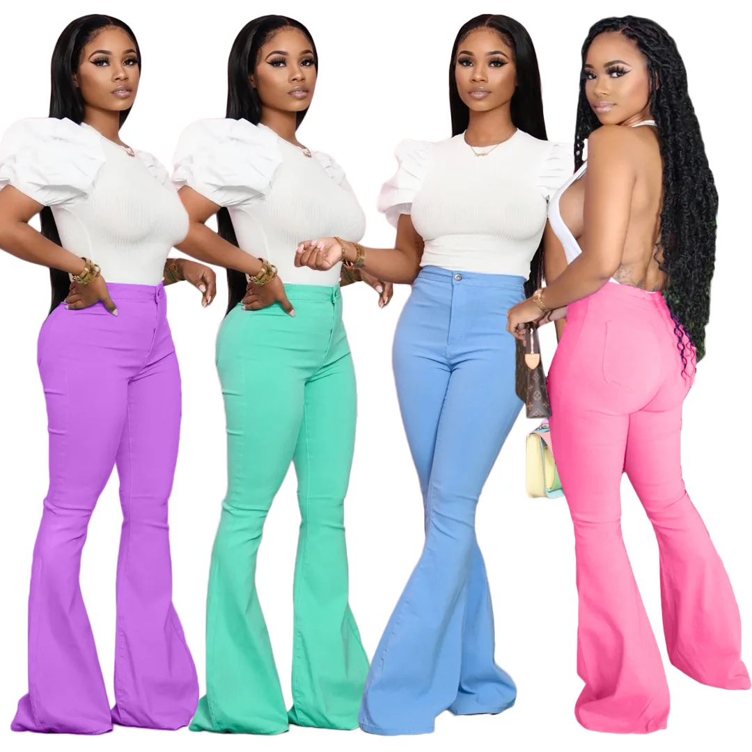 

Fall 2021 Women Clothe Women'S High Waist Pants Solid Color Women Bell Bottom Pants Bodycon Flared Jeans, Picture color