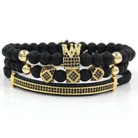 

Fashion Men's Hand Jewelry 3Pcs/Set Elastic 6mm Natural Black Stone Micro Pave Black CZ Crown Bracelet Set
