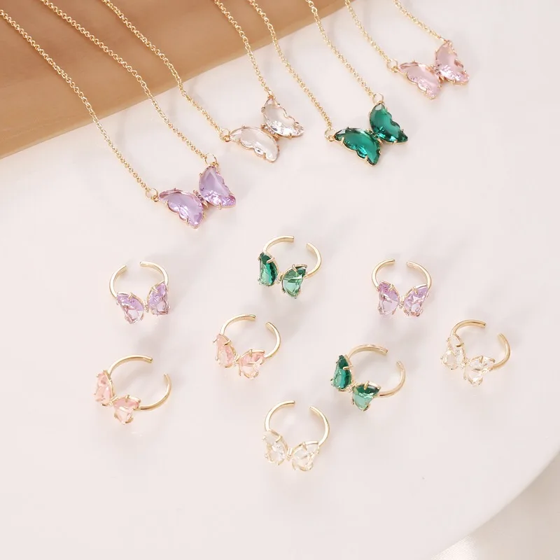 

Multicolored Jewelry Sets Crystal Butterfly Necklace Butterfly Ring and Earrings