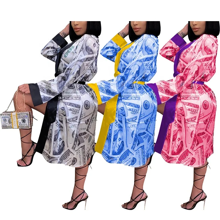 

9056 Women Sexy Satin Money Robes Dollar Printed Bath Nightgown Pajamas Silk Money Robe, 8 colors: 1#-8#