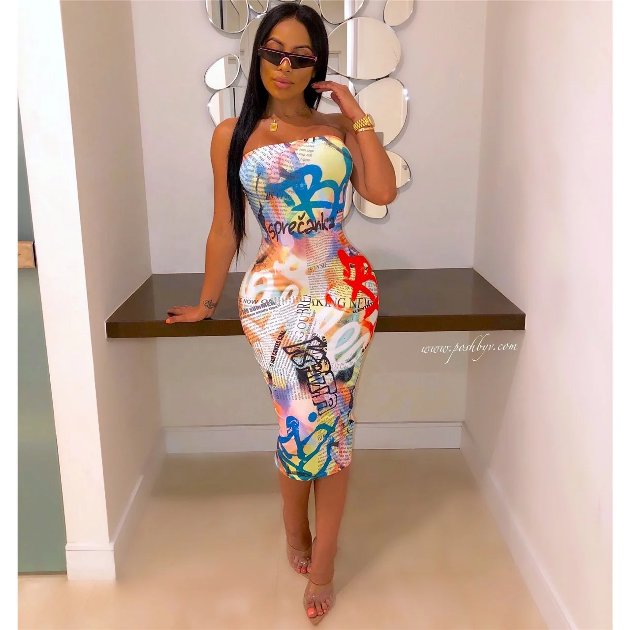 

Women's Dress Fashionable Sexy Lady Tube Top Multicolor Letter Printed Long Dress