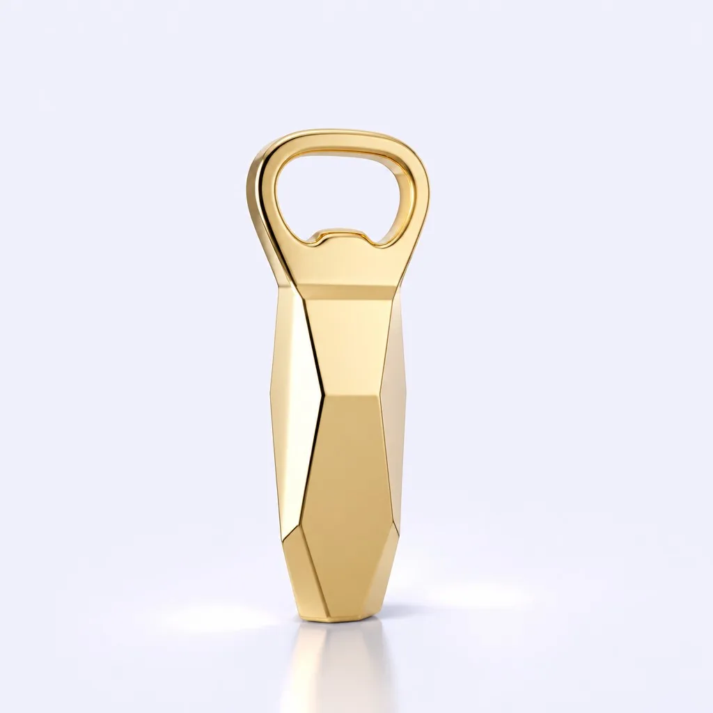 Faceted gold bottle opener standing upright on a soft pale background