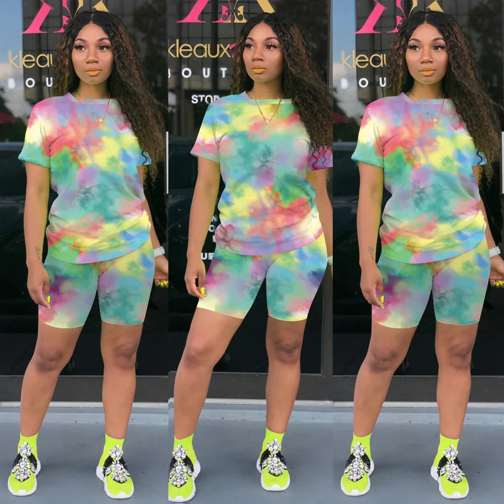

4031 New collections summer women tie dye yoga sets 2021 short sleeve women 2 piece outfit printed 2 piece short set