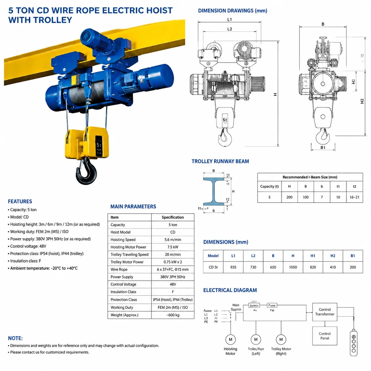 CD 5 ton wire rope electric hoist specification sheet