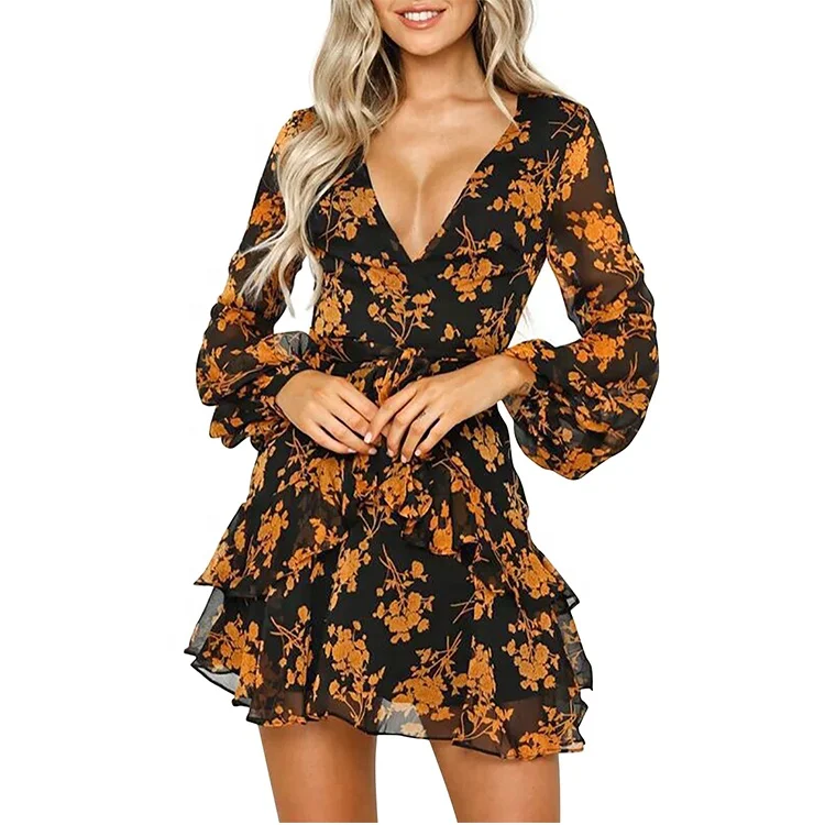 

Europe And America Fall Dresses For women New Floral Print Long Sleeve Dress Popular Fashion Skirt, Red and buack