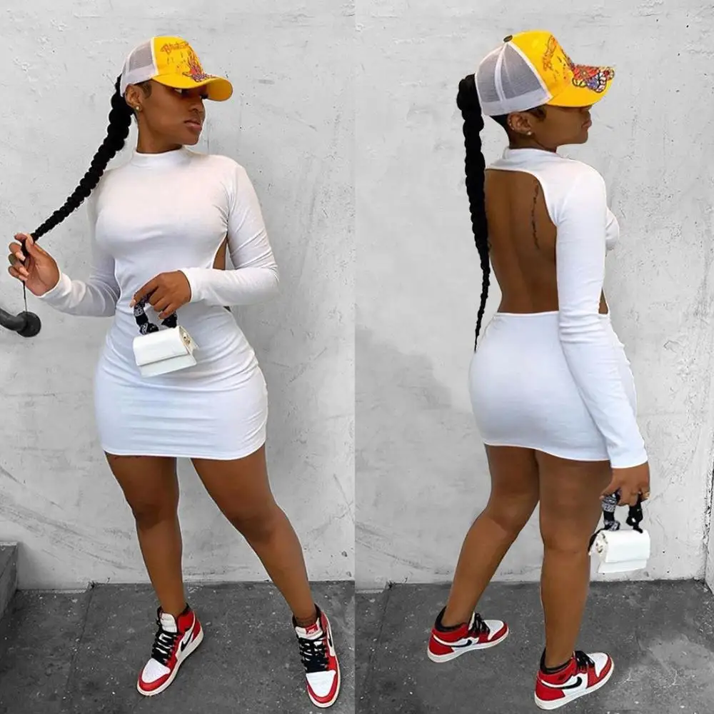 

2021 Wholesale Fashion Sexy Turtleneck Dress Long Sleeve Mini Short Open Back Dress Women Clothing, Picture